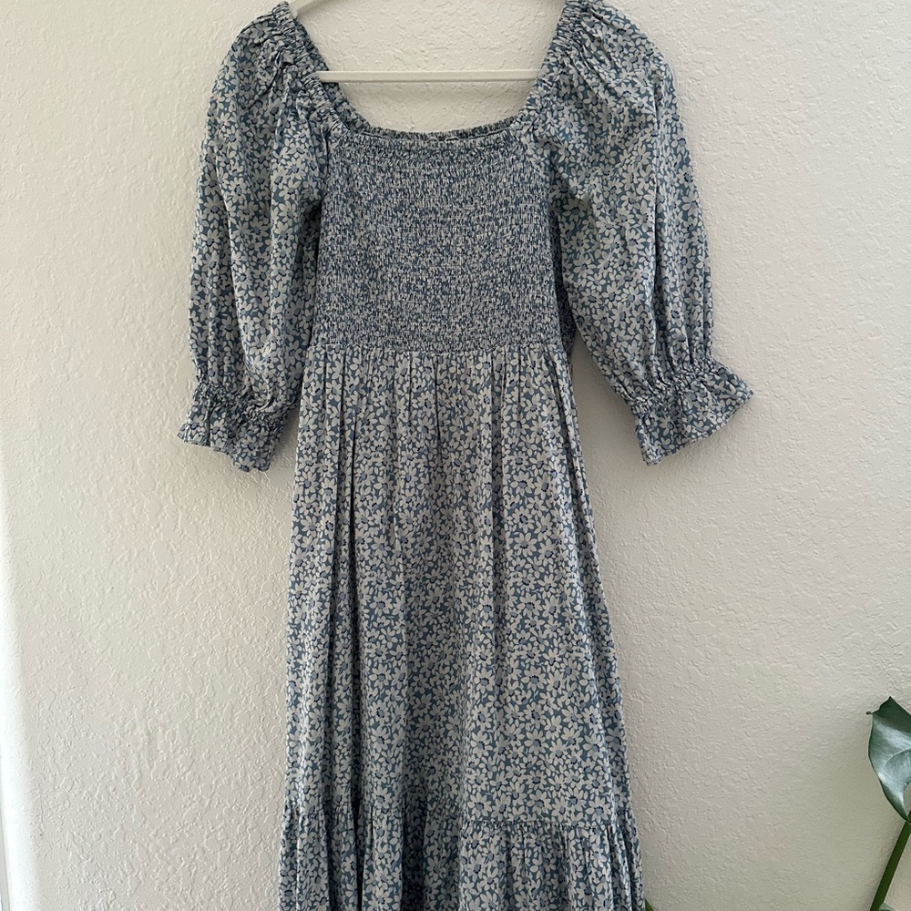 Madewell Blue Floral Smocked Midi Dress with Puff Sleeves